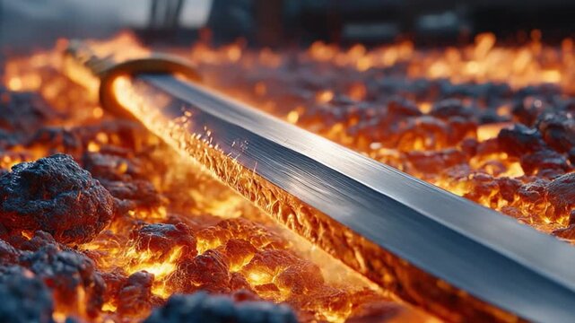 Forging the Blade: A close-up shot captures the intense heat and artistry of forging a sword. The image highlights the blade amidst glowing embers, representing strength, precision, and craftsmanship.