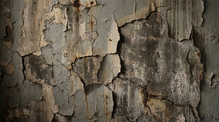 Fototapeta premium Close-up of weathered gray wall texture revealing cracks, crumbling surface under dim light showing decay