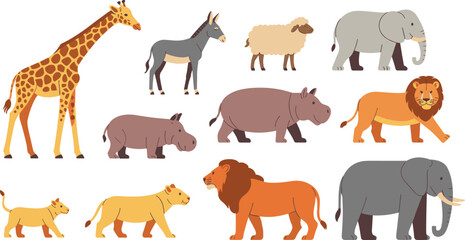 African safari animals collection, giraffe lion elephant hippopotamus donkey sheep vector illustration set of cute wildlife characters