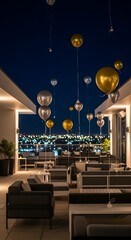 Fototapeta premium Luxury rooftop lounge with floating gold and silver balloons at night