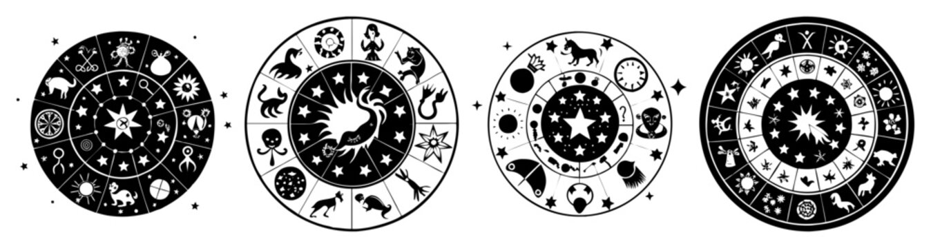 Zodiac horoscope astrology signs wheel chart with black and white cosmic symbols vector illustration