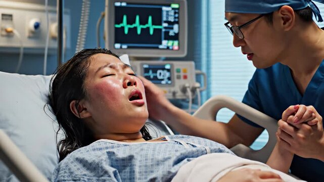 Woman in labor supported by doctor in hospital delivery room