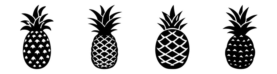 Obraz premium Four stylized pineapples in black and white flat design vector illustration isolated on white background