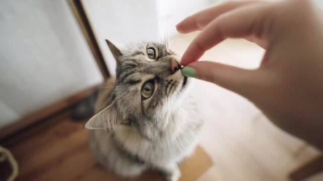 Top down view of an adorable grey tabby cat with green eyes gently taking a snack from its owner's hand. Beautiful bond between a pet and person