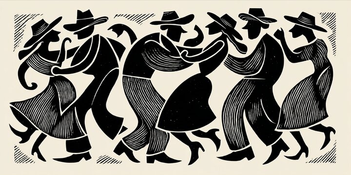 Line Dance: Silhouetted dancers in hats take to the dance floor in stylized form.