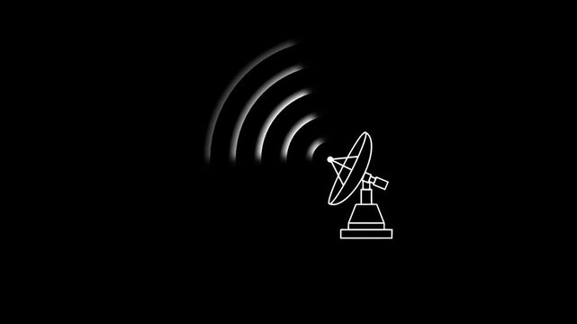 A white satellite dish transmitting or receiving signals on a black background