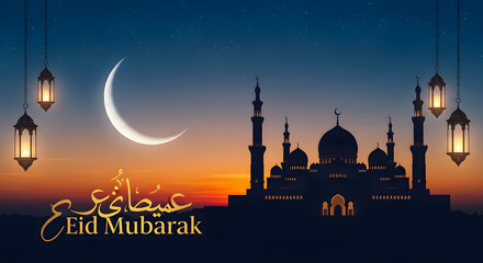 A silhouette of a mosque at sunset with hanging lanterns and crescent moon