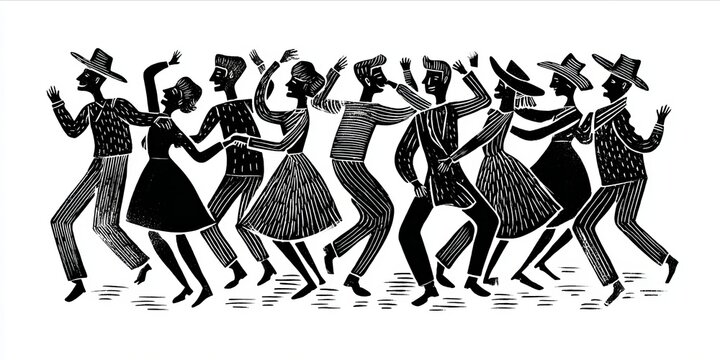 Swinging Style: Woodcut Dance Party with Hats and Stripes in Black and White Illustration