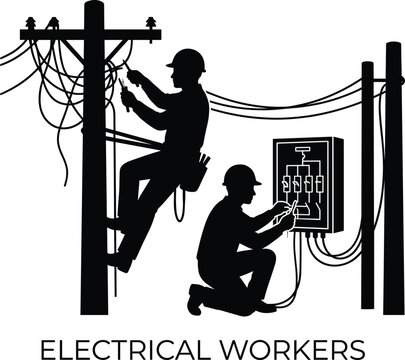 Black silhouette of electrical line workers repairing power lines and control panels on utility poles for industrial maintenance vector graphic illustration