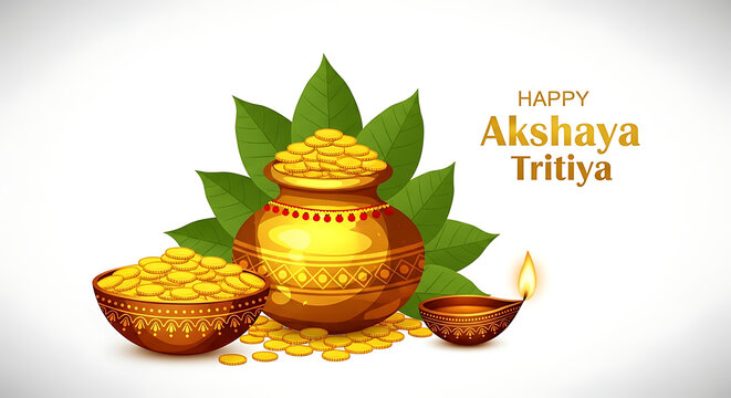 A gold pot and bowl with a leaf on a white background for akshaya tritiya