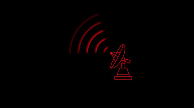 Red outline of a satellite dish transmitting a signal on black