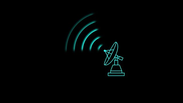 A glowing turquoise satellite dish emitting radio waves on a black background