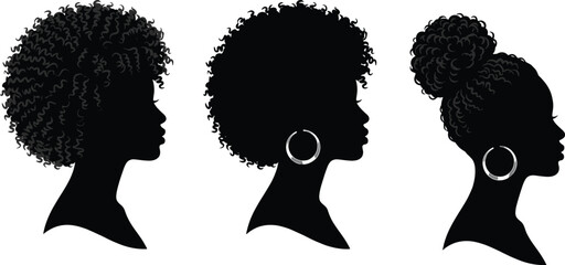 African woman silhouette collection with natural afro hairstyles, female profile portraits with curly hair and bun, black beauty illustration isolated on light background © MD MIJANUR