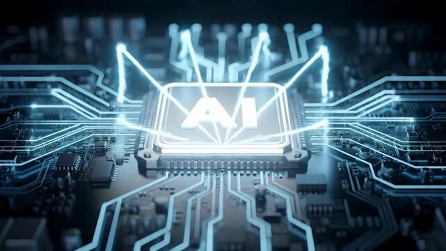 Artificial intelligence ai chip animation video on futuristic motherboard circuit, advanced machine learning processor technology, digital data computing and semiconductor innovation