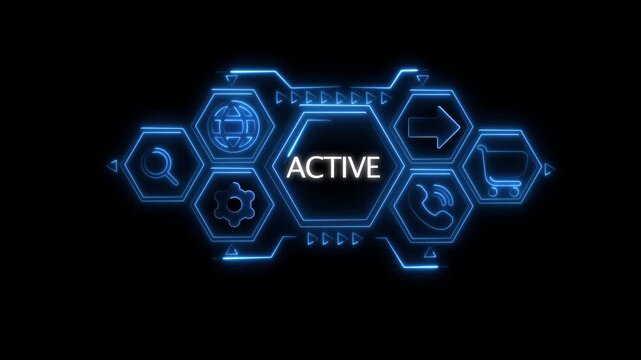 Bright blue neon digital interface featuring the word ACTIVE in a central hexagon with surrounding technological on a black canvas