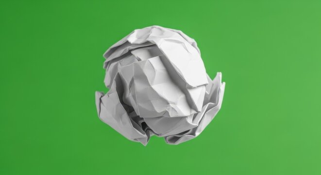 A crumpled piece of white paper on a solid green background, representing a failed idea or a mistake