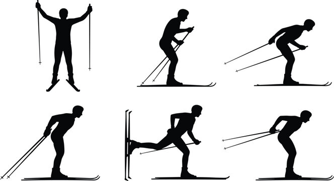 Cross country skier silhouette set isolated on white background, winter sport athlete skiing with poles black vector illustration collection