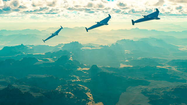 The HESA Shahed 136 is an Iranian loitering munition in the form of an autonomous pusher-prop drone. Drones flying at sunset. Sensitive targets, attack.