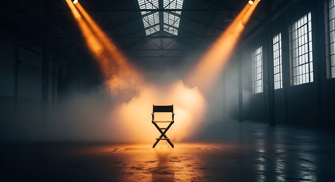 A lone director's chair stands in a dimly lit warehouse with smoke and spotlight beams illuminating the space.