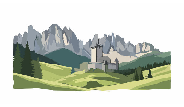 Castel Gardena Castle with Dolomite Mountains Landscape Vector Illustration Italy