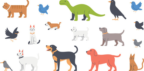 Obraz premium Cute animals collection, dog cat birds dinosaur vector illustration set featuring pets wildlife cartoon characters in flat minimalist style
