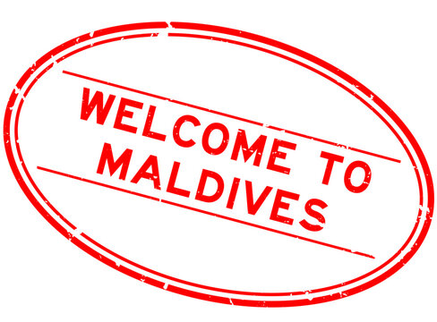 Grunge red welcome to maldives word oval rubber seal stamp on white background
