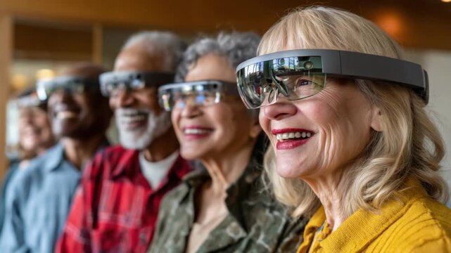 Augmented Reality Revolution: A vibrant group of senior citizens embraces the future with advanced augmented reality glasses, beaming with delight at the possibilities.