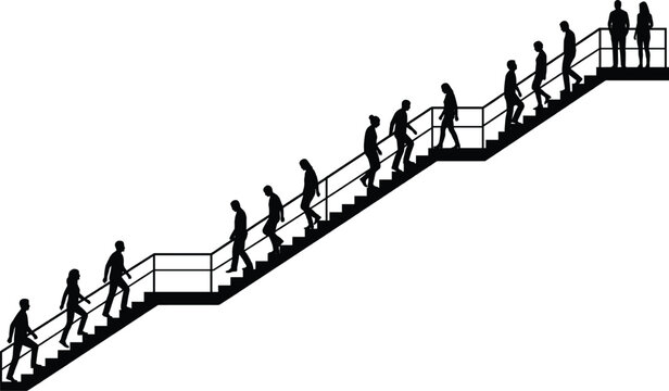 People walking up staircase silhouette with men and women climbing stairs, human progress and career growth concept illustration isolated on light background