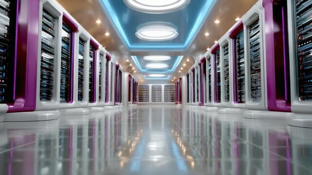 Futuristic Data Center: An architectural marvel of a modern data center, showcasing rows of servers and advanced technology infrastructure in a brightly illuminated and organized space.