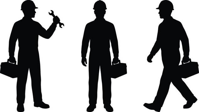 Construction worker silhouette set with maintenance technician holding wrench, professional builder carrying toolbox, and industrial repair contractor walking in safety gear