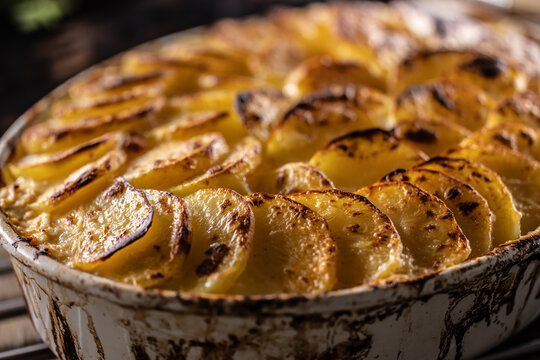 Golden-brown gratin potatoes, neatly arranged in a white ceramic bowl. However, in Slovakia, this dish is known primarily at home as French potatoes.