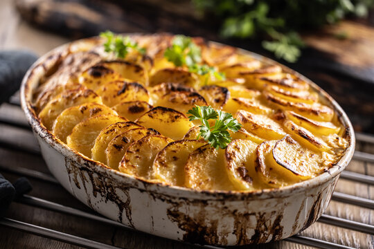 Golden-brown gratin potatoes, neatly arranged in a white ceramic bowl and garnished with fresh herbs. In Slovakia, however, this dish is known primarily at home as French potatoes
