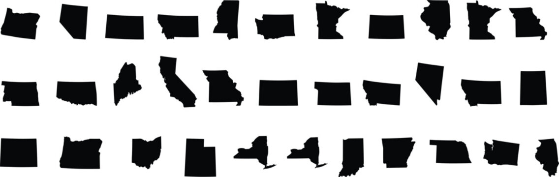 USA states silhouette collection with black map shapes of American states, minimalist United States map elements set isolated on light background