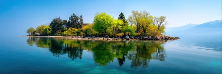 Poster Reflectie Rocky tree island with mixed evergreen and deciduous trees reflected in glassy turquoise lake under clear blue sky  © Iryna