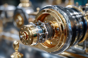 Intricate details of a brass machine component in a workshop setting