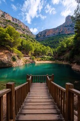 Fototapeta premium Wooden pier turquoise lake cliffs forest backdrop with dramatic sky and mountain slopes leading to a peaceful emerald inlet and secluded waterside viewpoint