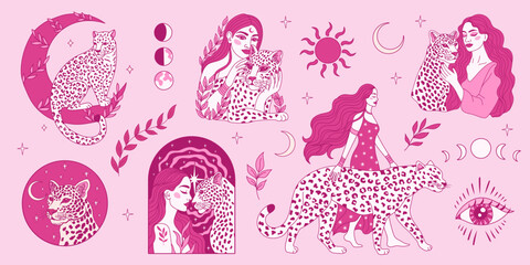 Magical woman with mystical celestial cheetah. Sacred feminine energy and animal totem vector illustration © Viktoriia Patapova 