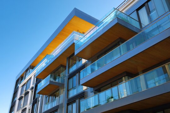 Contemporary apartment balconies with glass railings wood soffits and angular cantilevered terraces in clear sky