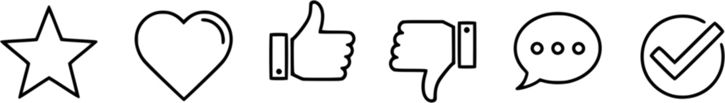 Set of minimalist line icons: star, heart, thumbs up, thumbs down, speech bubble, checkmark
