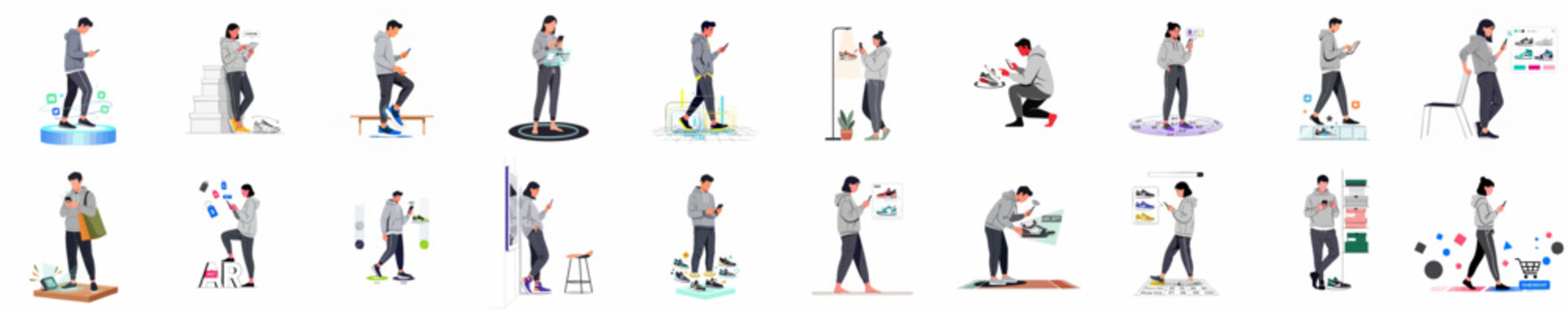 Set of Illustrations Depicting People Using Augmented Reality and Mobile Technology for Virtual Sneaker Shopping and Try-on Experiences