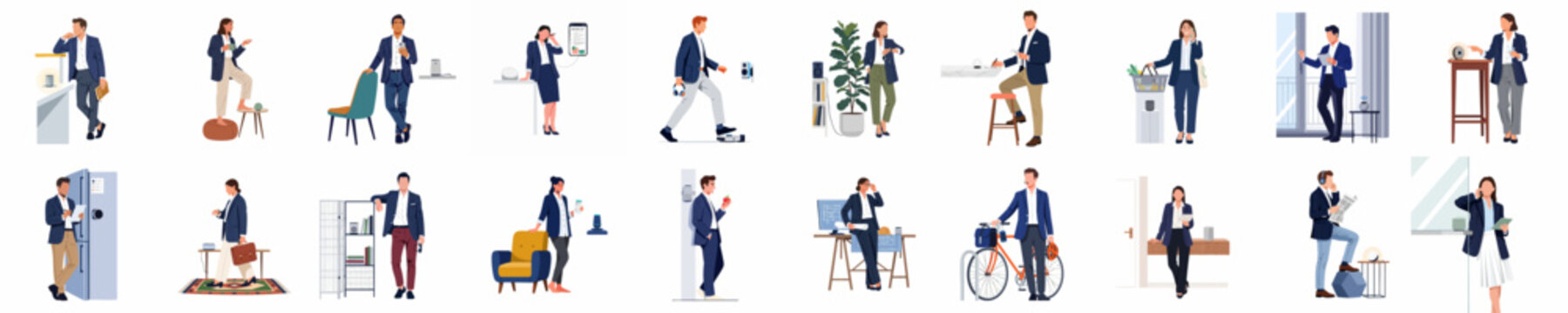 Collection of modern professionals in various daily life and smart home scenarios, flat vector illustration style.