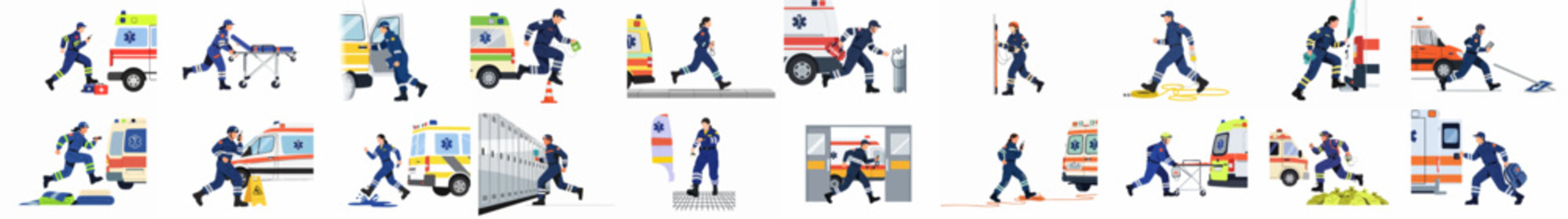 Set of flat vector illustrations depicting paramedics and emergency medical technicians in various action scenarios with ambulances and equipment.