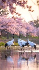 Obraz premium Three elegant cranes wade in shallow water under blossoming cherry trees at sunset