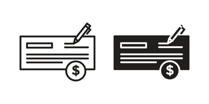 Money check icon with editable stroke and solid design vectors