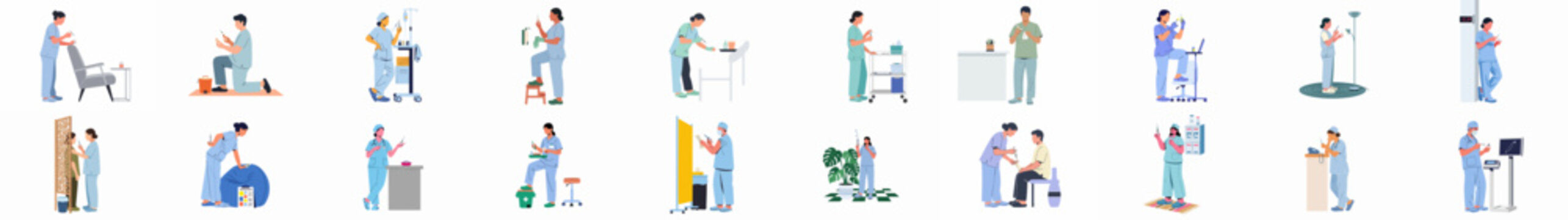 Set of flat vector illustrations of diverse nurses and medical professionals preparing syringes and vaccinations in clinical hospital settings.
