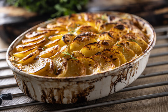 Golden-brown gratin potatoes, neatly arranged in a white ceramic bowl and garnished with fresh herbs. In Slovakia, however, this dish is known primarily at home as French potatoes