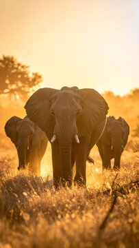 Three elephants walk in the warm golden sunlight of a dry, grassy African plain