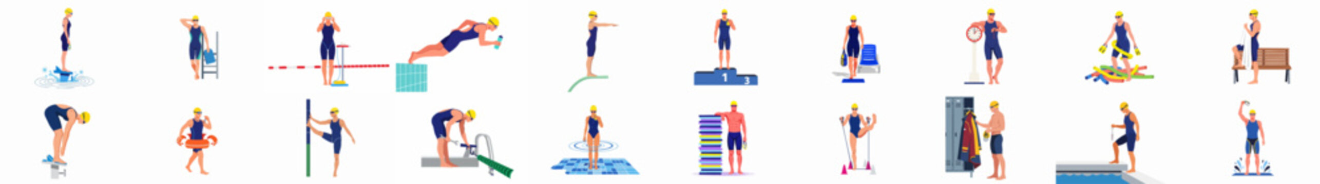 Collection of flat vector illustrations featuring diverse swimmers engaged in various pool activities like diving, training, competing, and relaxing.