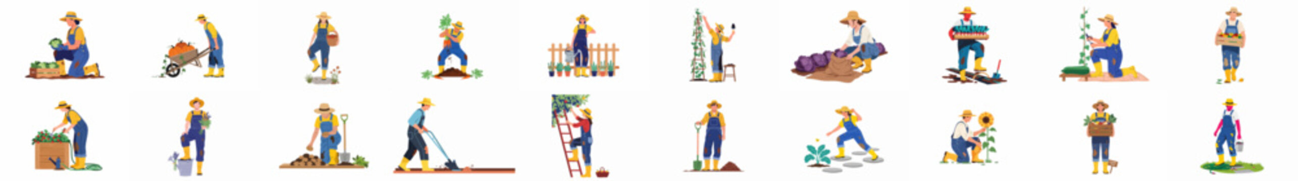 Comprehensive collection of flat vector illustrations featuring diverse farmers and gardeners engaged in various agricultural activities like harvesting, planting, and tending to organic crops.