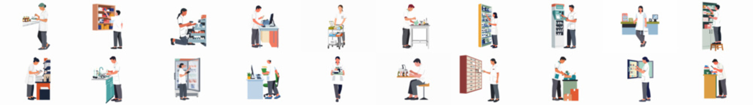 Set of diverse pharmacy workers and pharmacists performing various professional tasks in a healthcare and drug store environment, flat vector illustrations on white background.